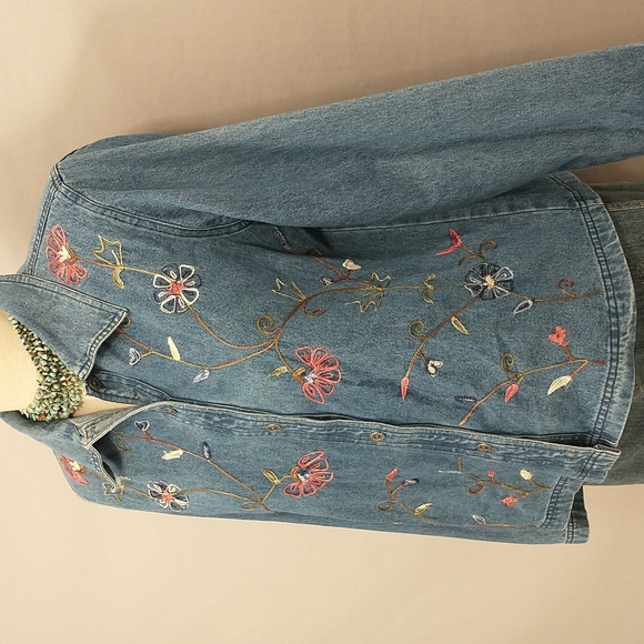 Embroidered Denim Shirt Jacket Vintage Floral Shacket 80s / 90s Blue Jean Cotton - Picture 2 of 12